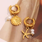 Gold Plated Stainless Steel Starfish and Shell Drop Earrings — starfish drop close-up