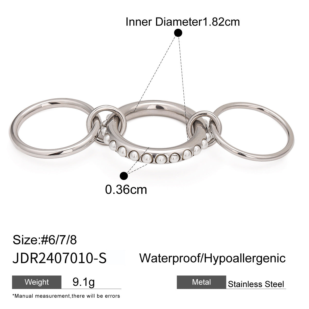 Silver-tone linked rings with white accents and measurements
