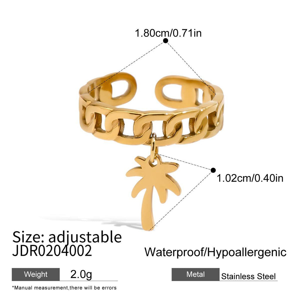 Stainless Steel Heart Stud Earrings and Charm Ring Collection — close-up of the chain rings