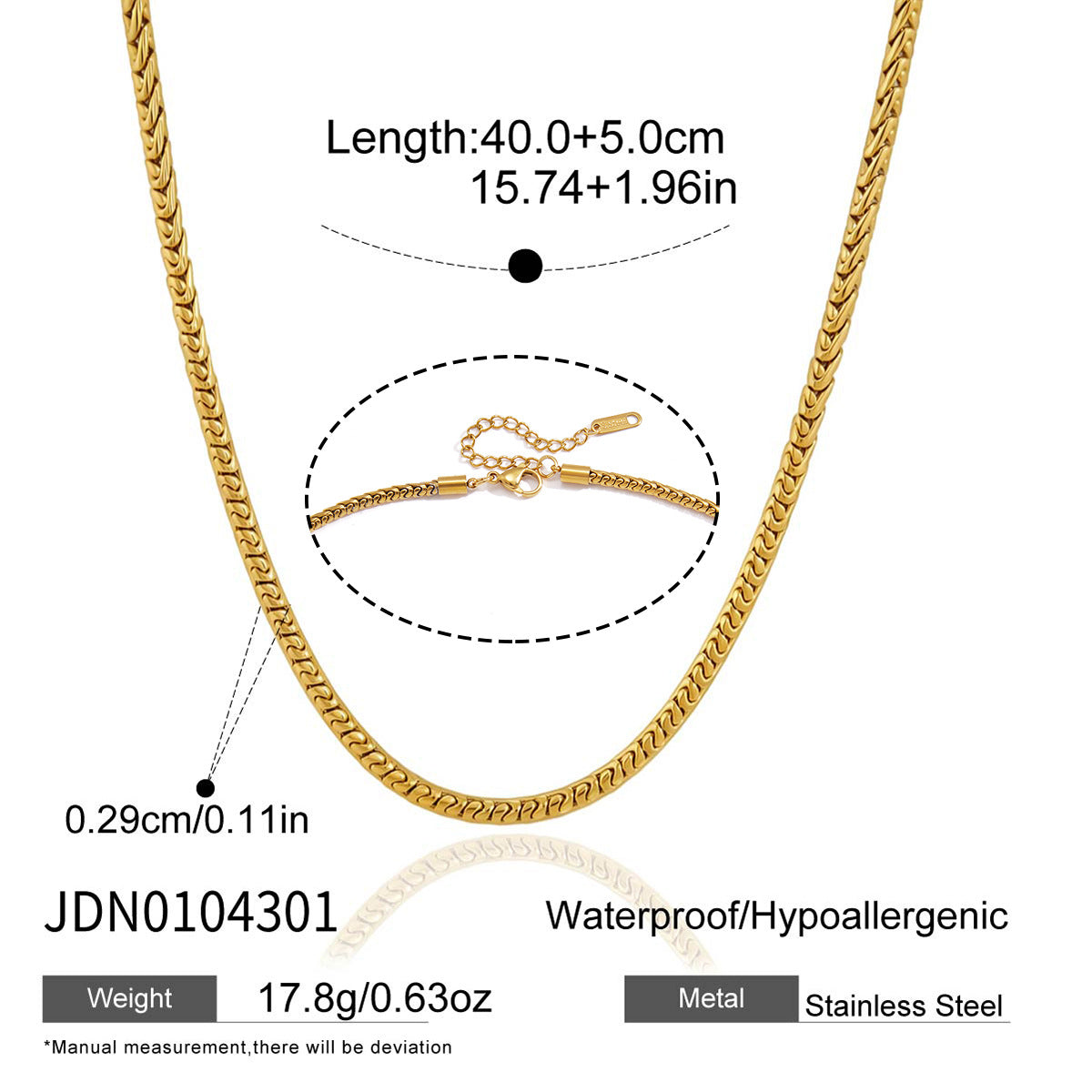 Plain stainless steel chain with width and extender details