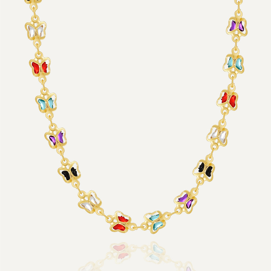 gold plated brass necklace with multicolor acrylic butterfly links