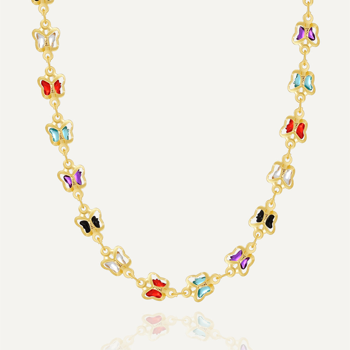 gold plated brass necklace with multicolor acrylic butterfly links