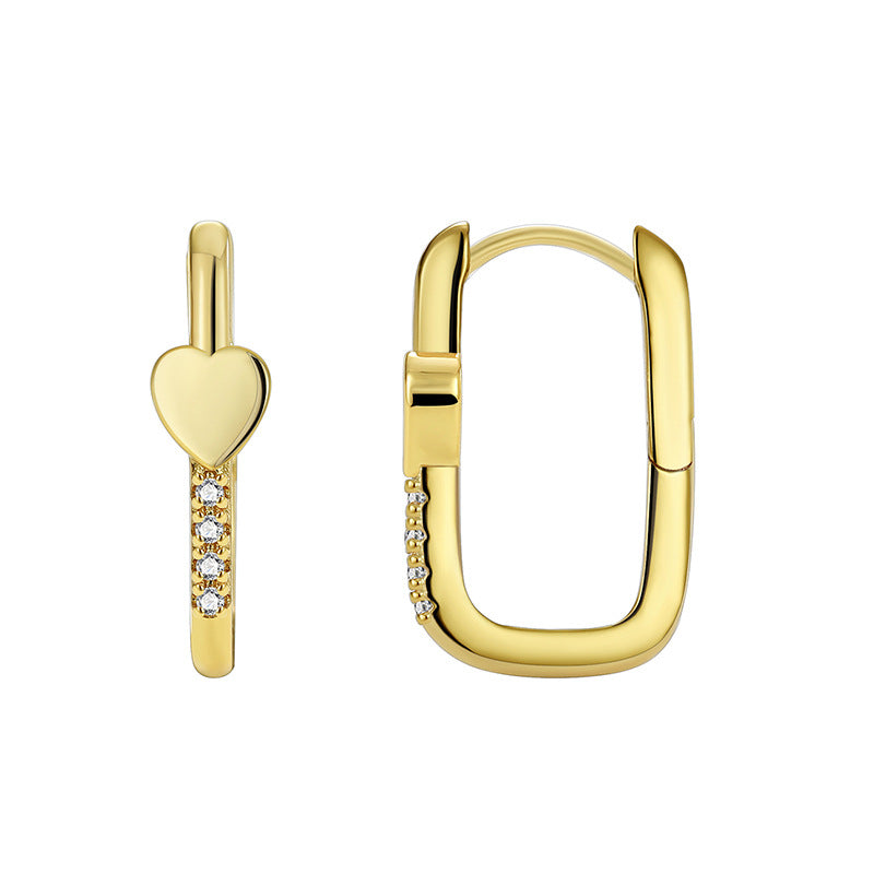 brass heart zirconia huggie earring front and side details