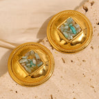 round gold plated green chip inlay earrings styled on stone