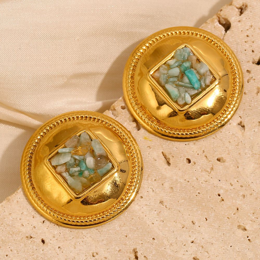 round gold plated green chip inlay earrings styled on stone