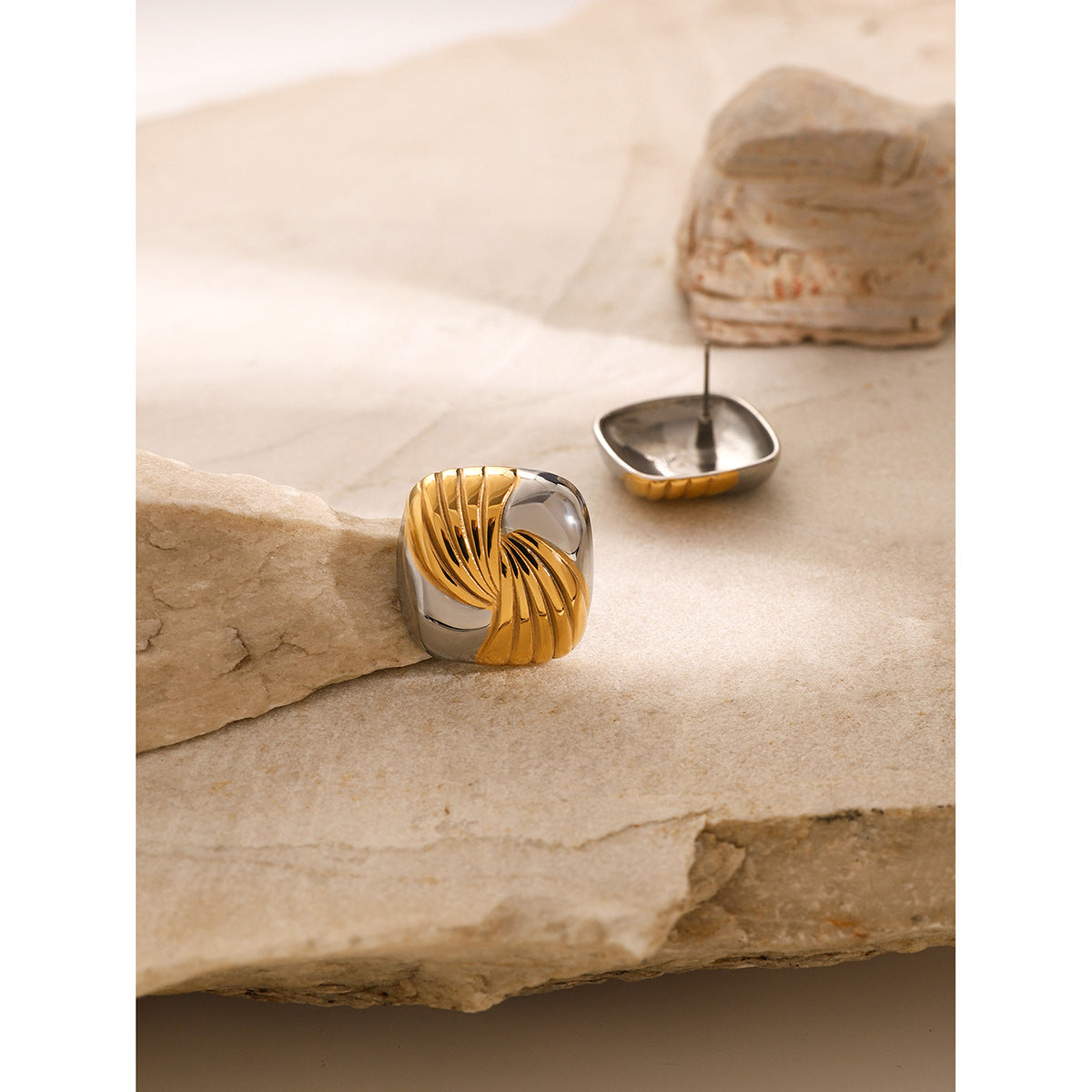 Two-Tone Textured Knot Stainless Steel Stud Earrings – product view 3