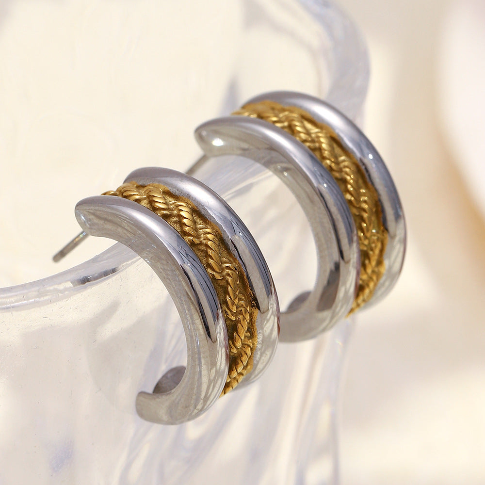 gold plated braided strip between silver-finish hoop bands
