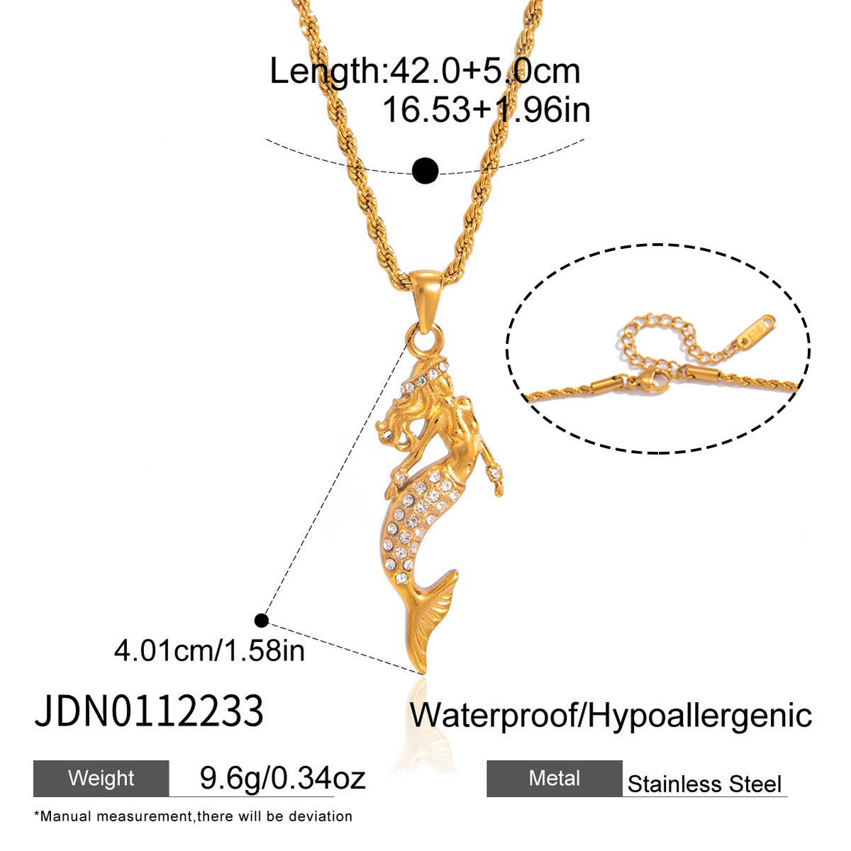 Mermaid necklace size image showing a 42 cm chain plus 5 cm extension and 40.1 mm pendant