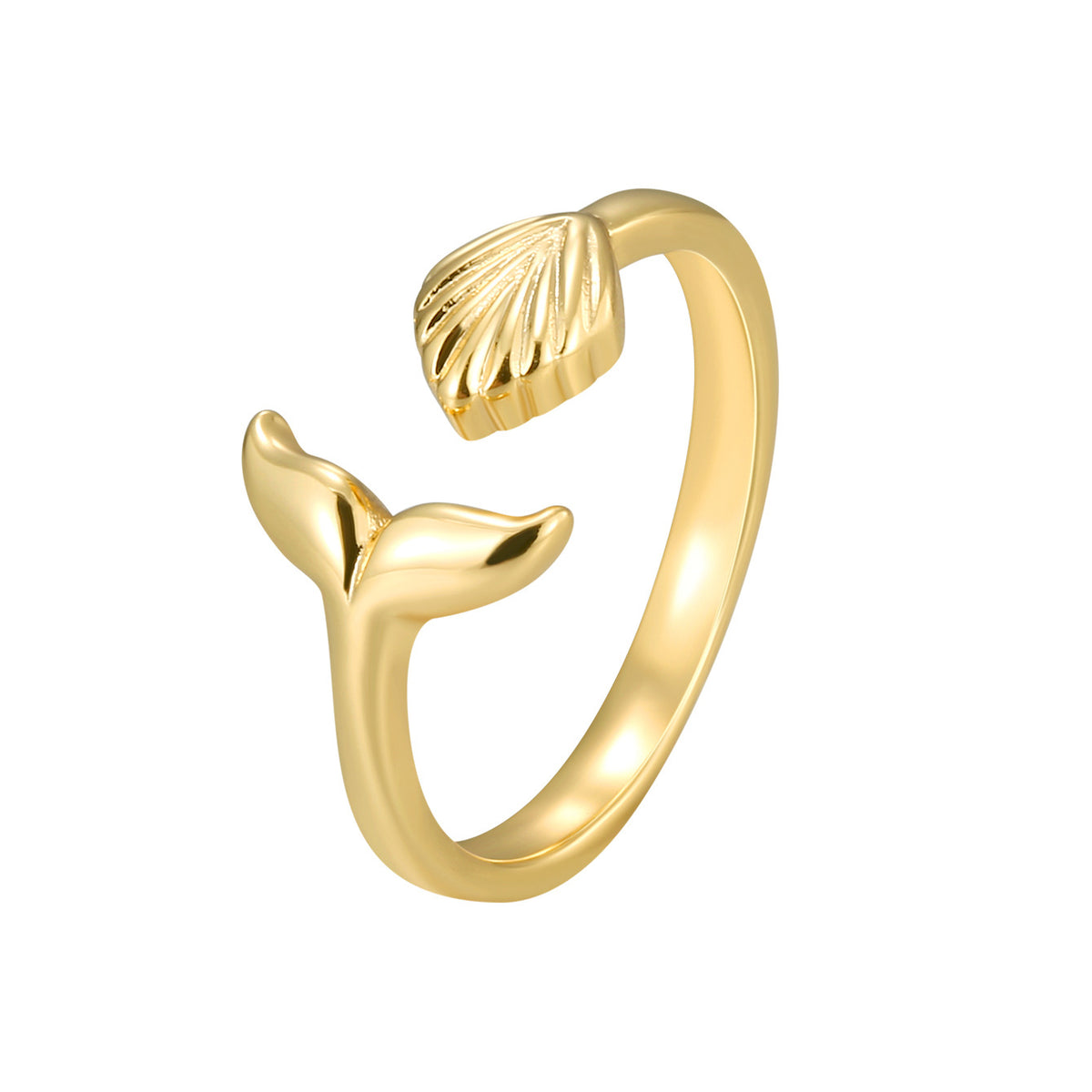 isolated whale-tail and shell open ring on white