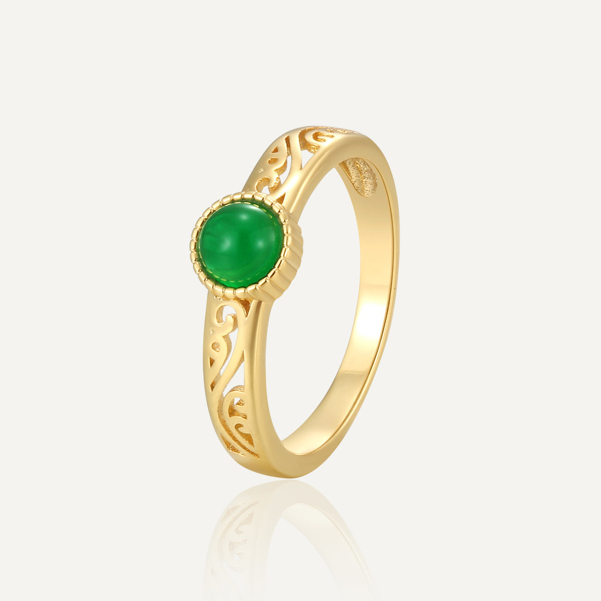 gold plated brass filigree ring with round green agate cabochon