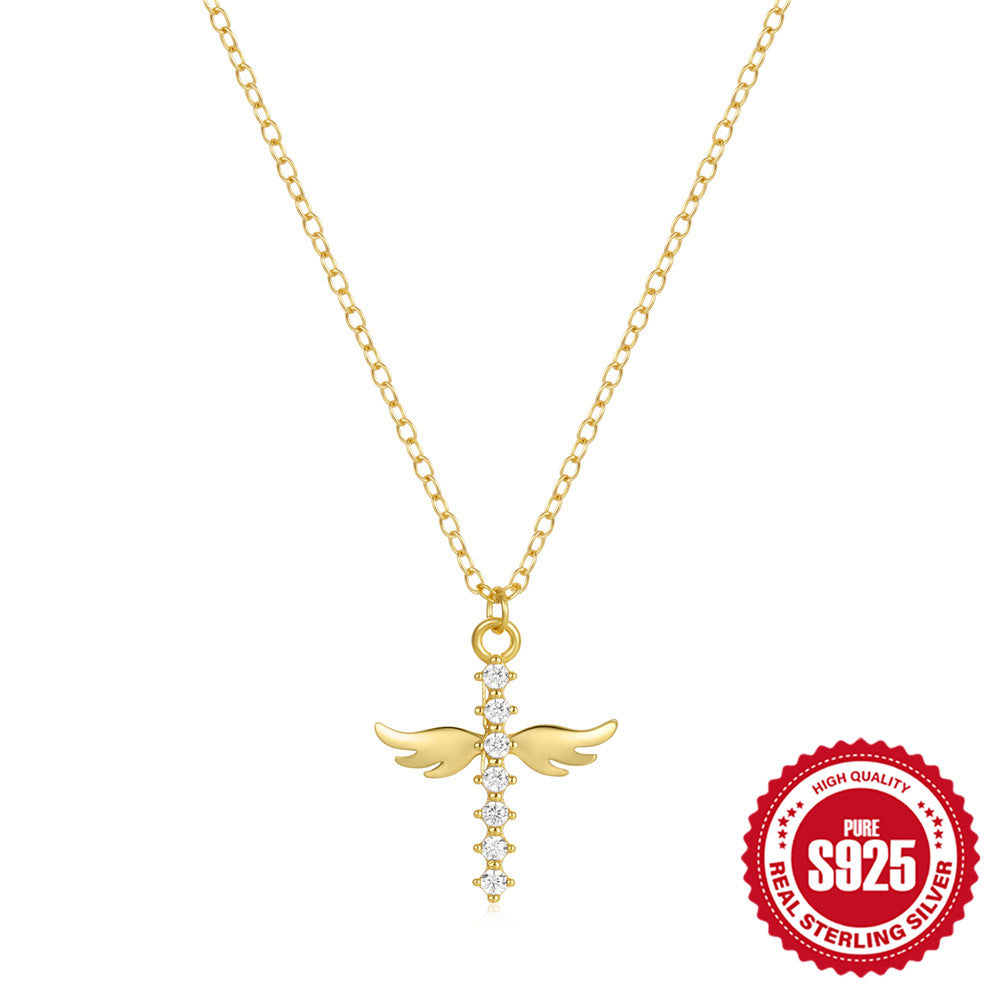 gold plated 925 sterling silver angel wing necklace with clear zirconia