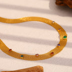 Gold Plated Stainless Steel Multicolor Accent Mesh Choker — worn view