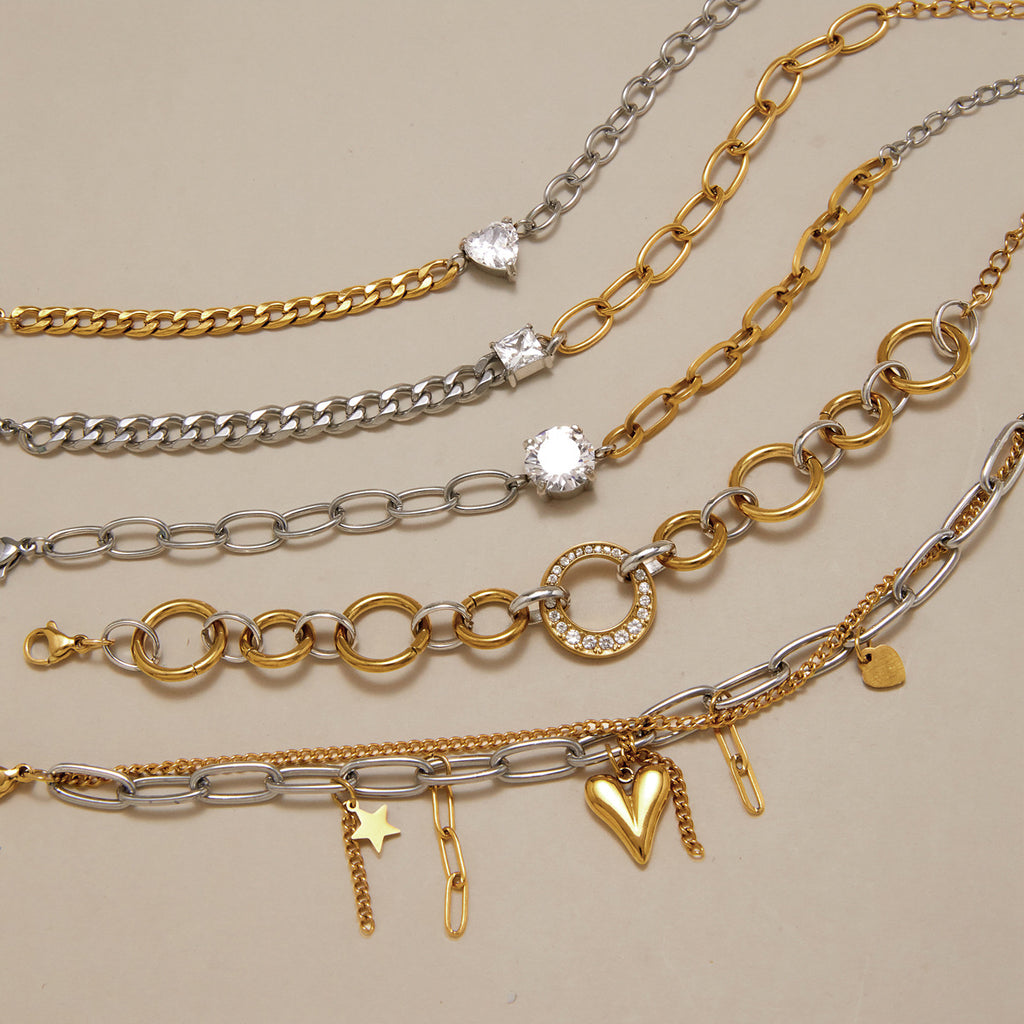 Two-Tone Clear Accent Stainless Steel Chain Bracelet Collection — clear center close-up
