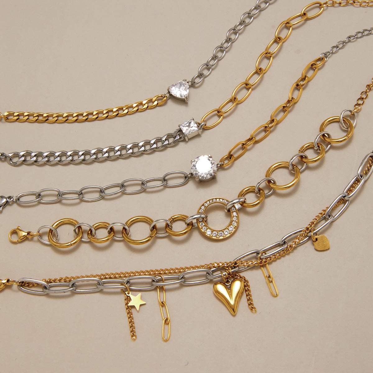 Two-Tone Clear Accent Stainless Steel Chain Bracelet Collection — clear center close-up