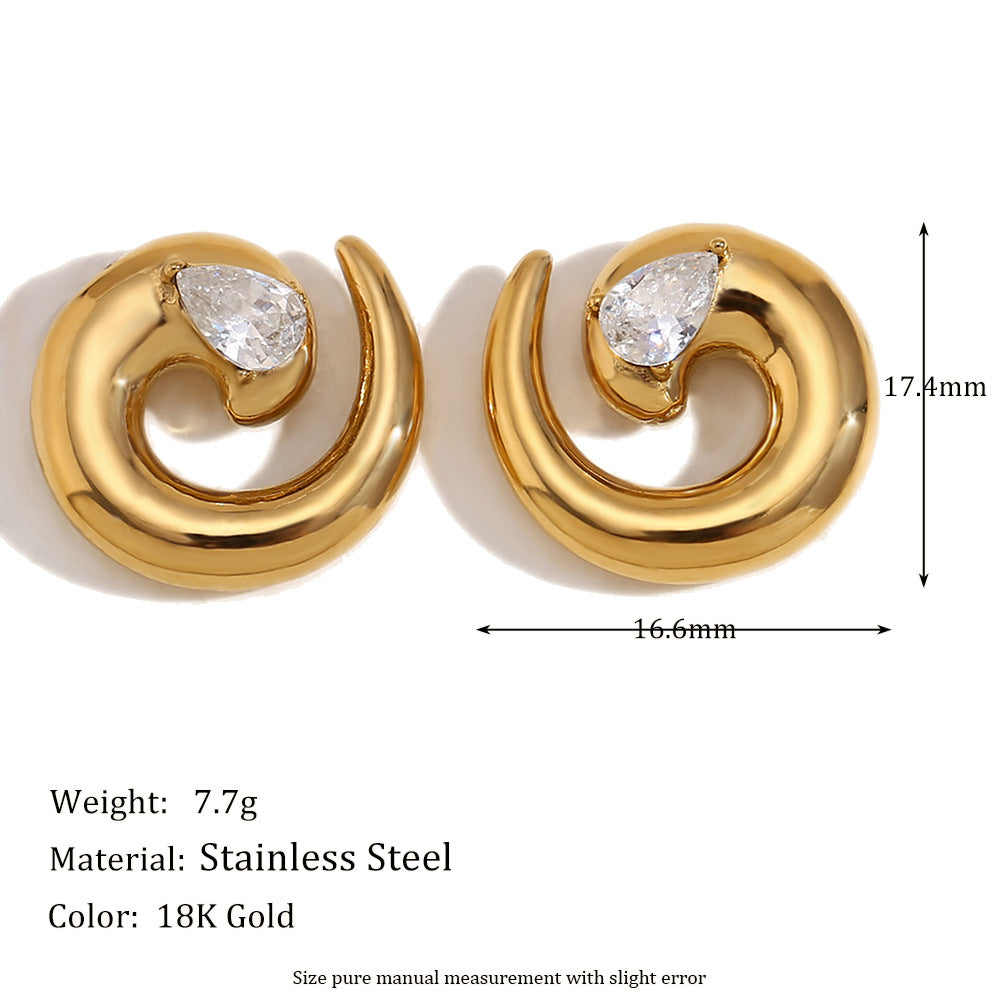 Gold Plated 316L Stainless Steel Spiral Zirconia Stud Earrings — 17.4 by 16.6 mm size diagram