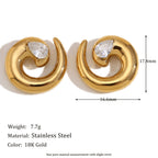 Gold Plated 316L Stainless Steel Spiral Zirconia Stud Earrings — 17.4 by 16.6 mm size diagram
