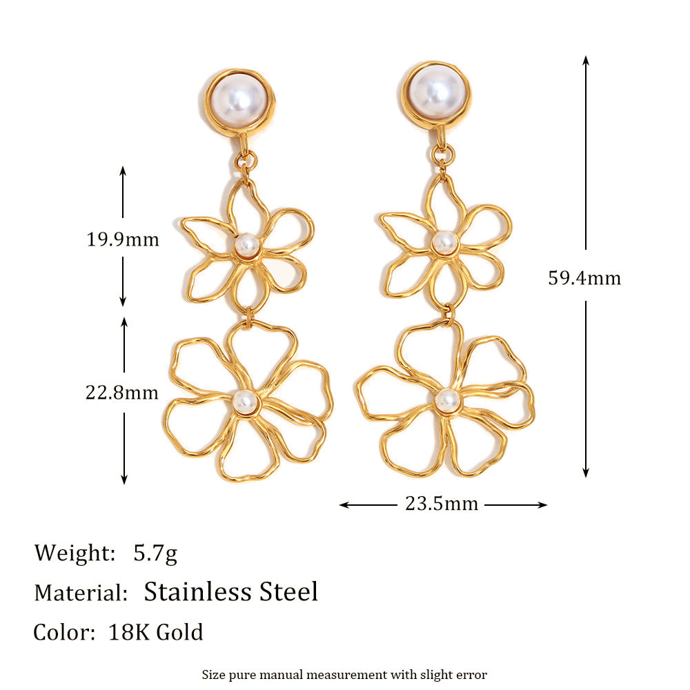 gold plated 316L stainless steel double flower drop earrings with measurements