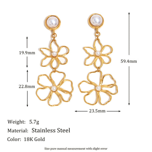 gold plated 316L stainless steel double flower drop earrings with measurements