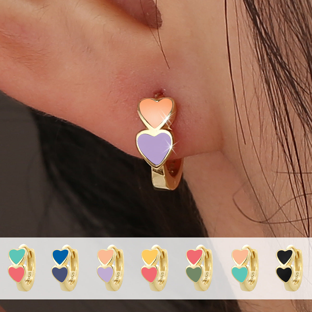 Gold Plated 925 Sterling Silver Colorful Double Heart Hoop Earrings — peach and purple hearts worn on ear