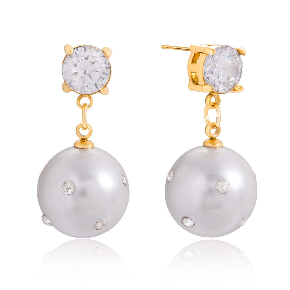 Imitation Pearl and Clear Stone Stainless Steel Drop Earrings — close-up of the decorative accents