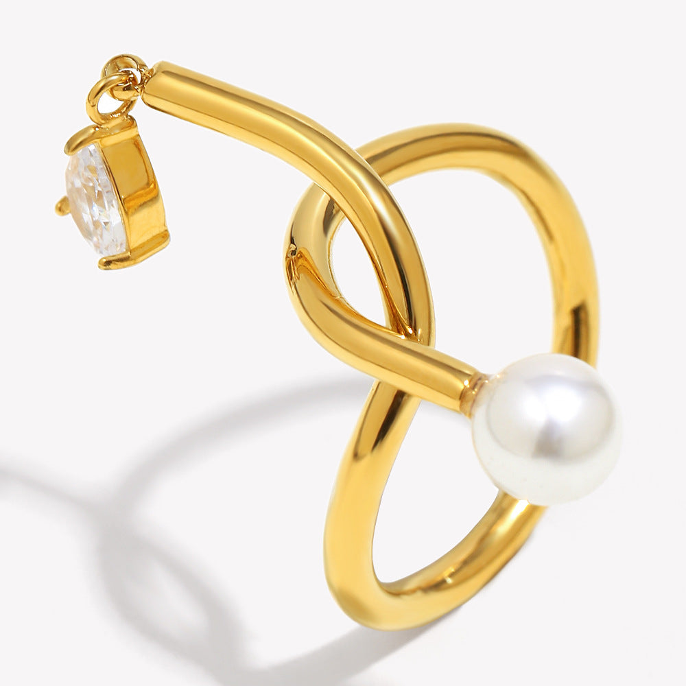 cutout of knotted imitation pearl and clear-stone open ring