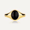 gold plated brass signet ring with oval black resin cabochon