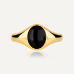 gold plated brass signet ring with oval black resin cabochon