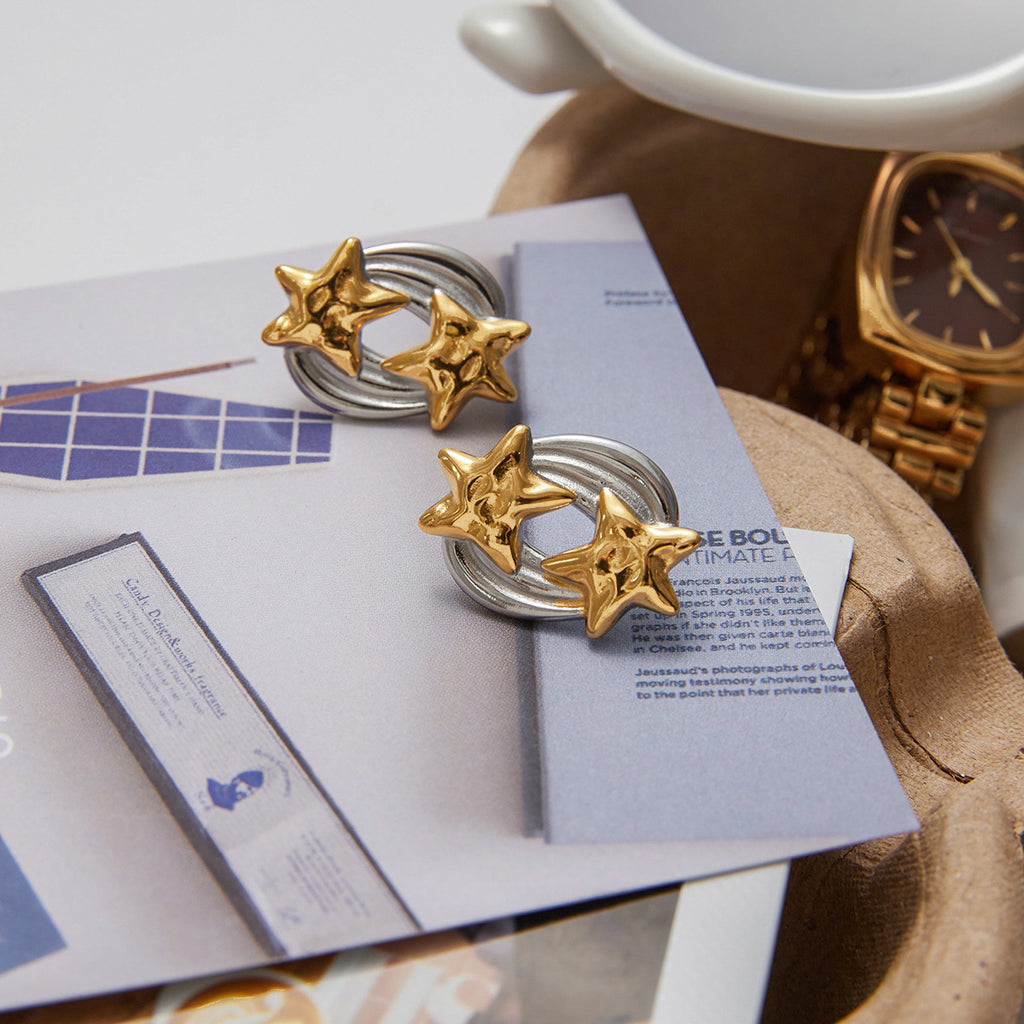 Two-Tone Star Stainless Steel Earring Collection – close-up view