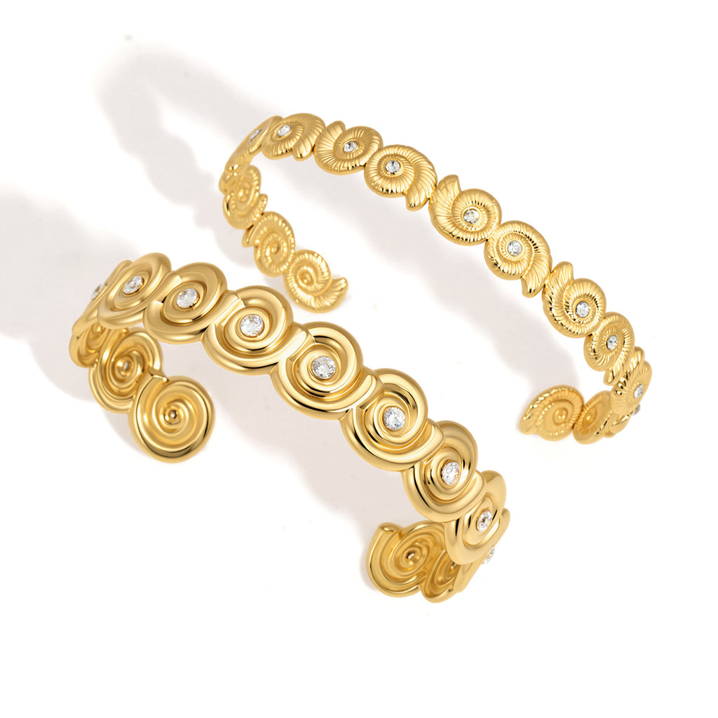 Polished and textured spiral patterns shown on white