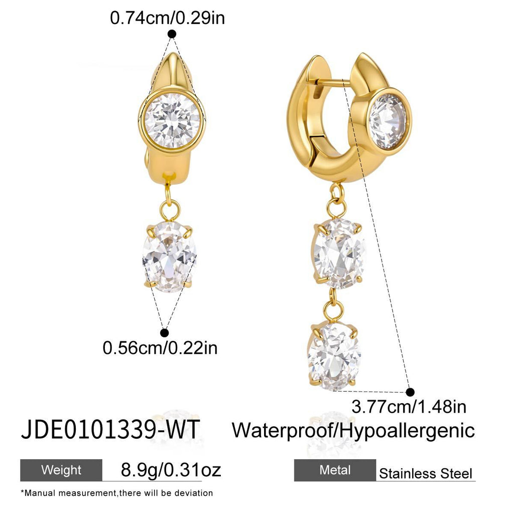 Gold tone clear zirconia earrings with asymmetric drop measurements