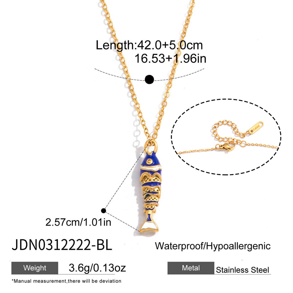 Blue fish pendant necklace with chain length and clasp detail