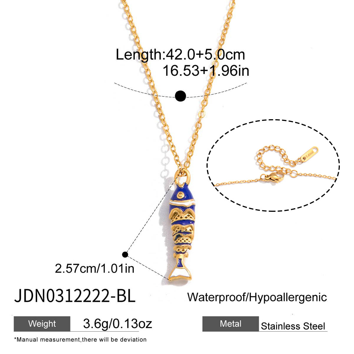 Blue fish pendant necklace with chain length and clasp detail