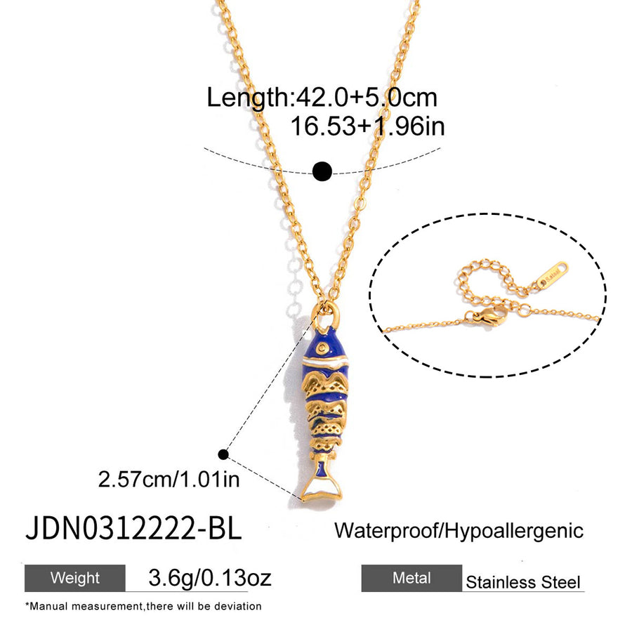 Blue fish pendant necklace with chain length and clasp detail
