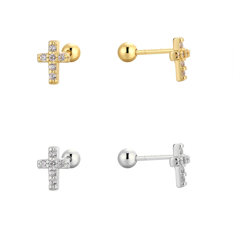 925 Sterling Silver Pavé Cross Ball-Back Stud Earrings — both finishes with ball backs
