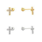 925 Sterling Silver Pavé Cross Ball-Back Stud Earrings — both finishes with ball backs