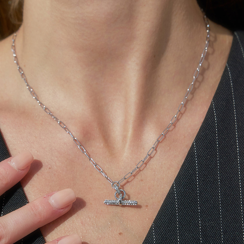 Paperclip T-bar necklace worn close-up