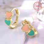 Gold Plated 925 Sterling Silver Colorful Double Heart Hoop Earrings — peach and turquoise heart close-up