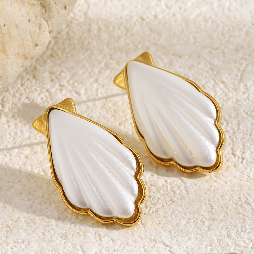 gold plated stainless steel white acrylic shell stud earrings