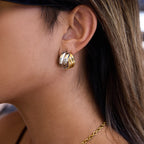 Wholesale Two-Tone Stainless Steel Ribbed Huggie Hoop Earrings - front view