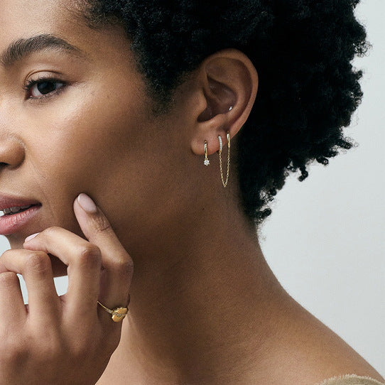 Gold Plated Clear Stone Double Huggie Chain Earrings — side view