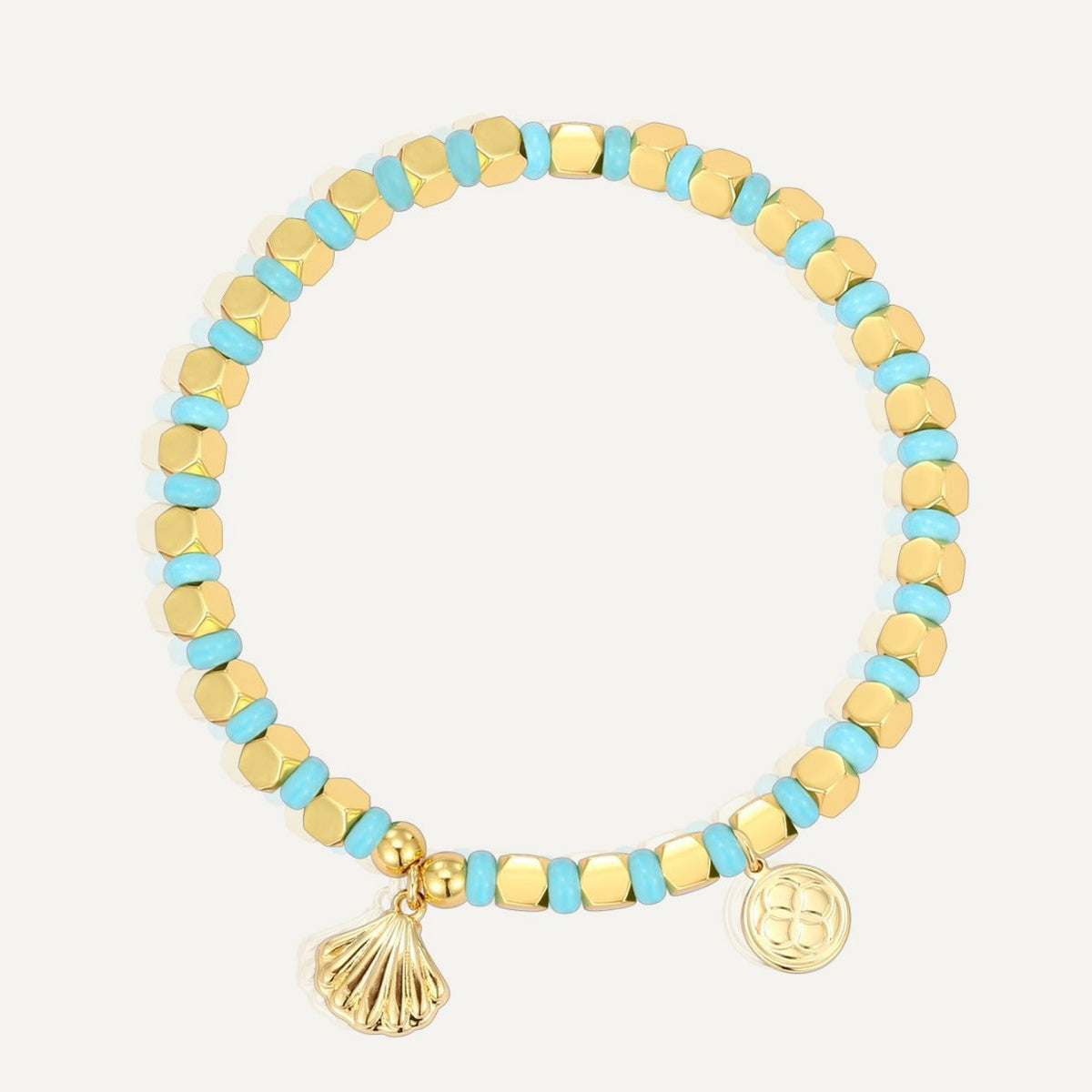 gold plated scallop shell charm bracelet with turquoise-color cube beads