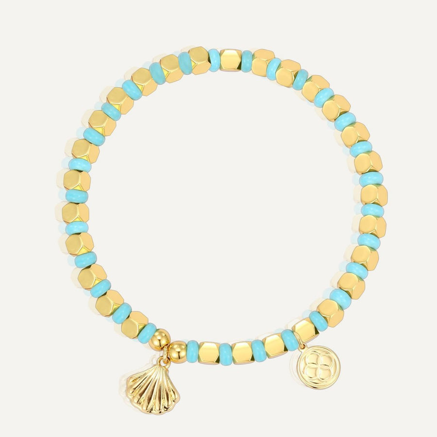 gold plated scallop shell charm bracelet with turquoise-color cube beads