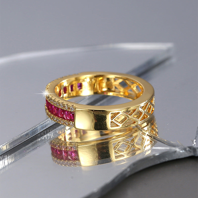 angled red zirconia band ring showing open lattice inner shank