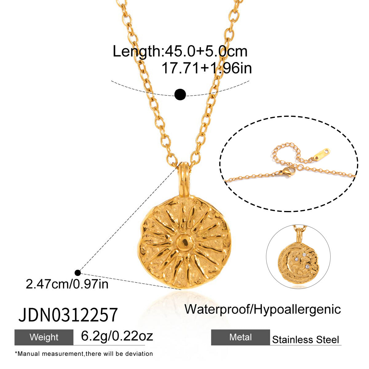 Sunburst necklace with pendant and chain dimensions