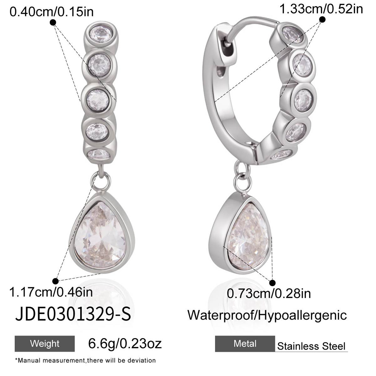 Silver tone huggie specification view with teardrop measurements