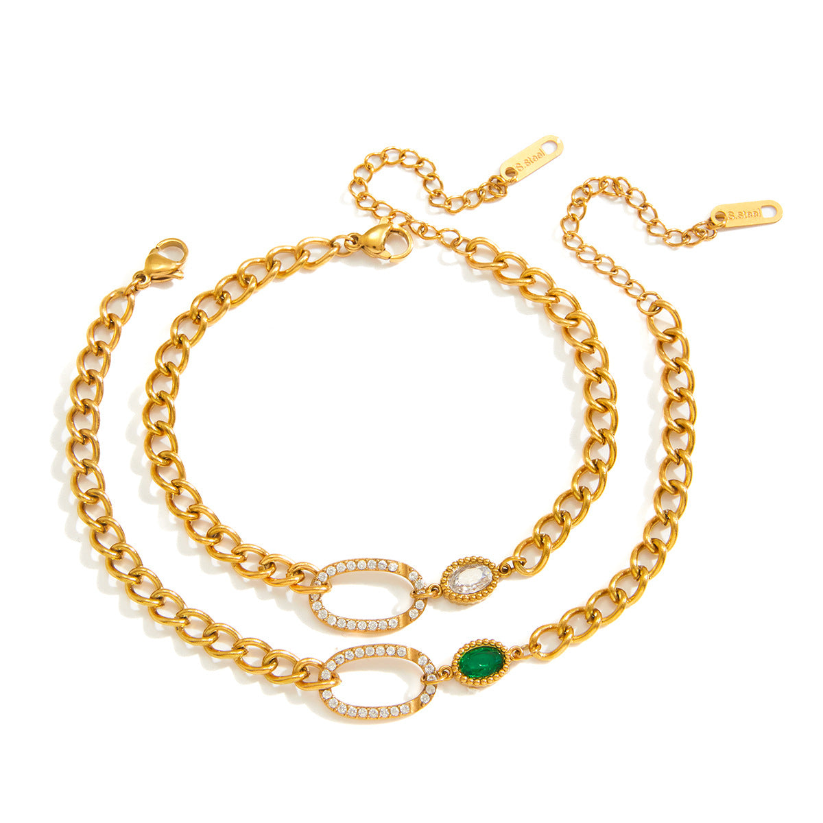 Clear and green oval details on gold-tone chains