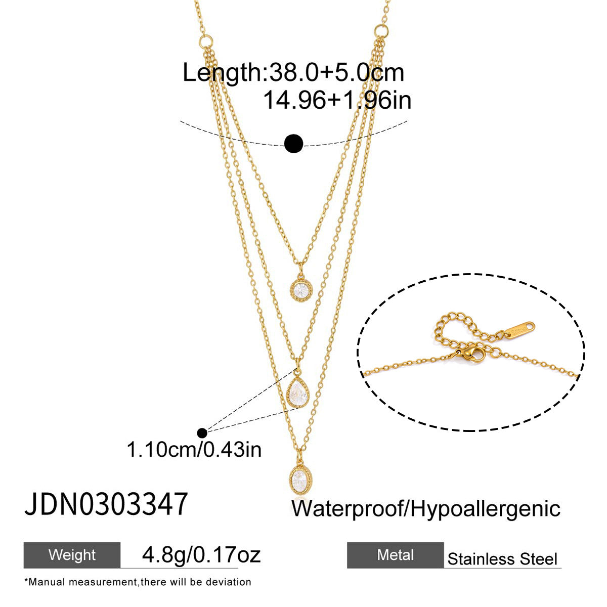Stainless steel layered pendant necklace clasp and measurement diagram