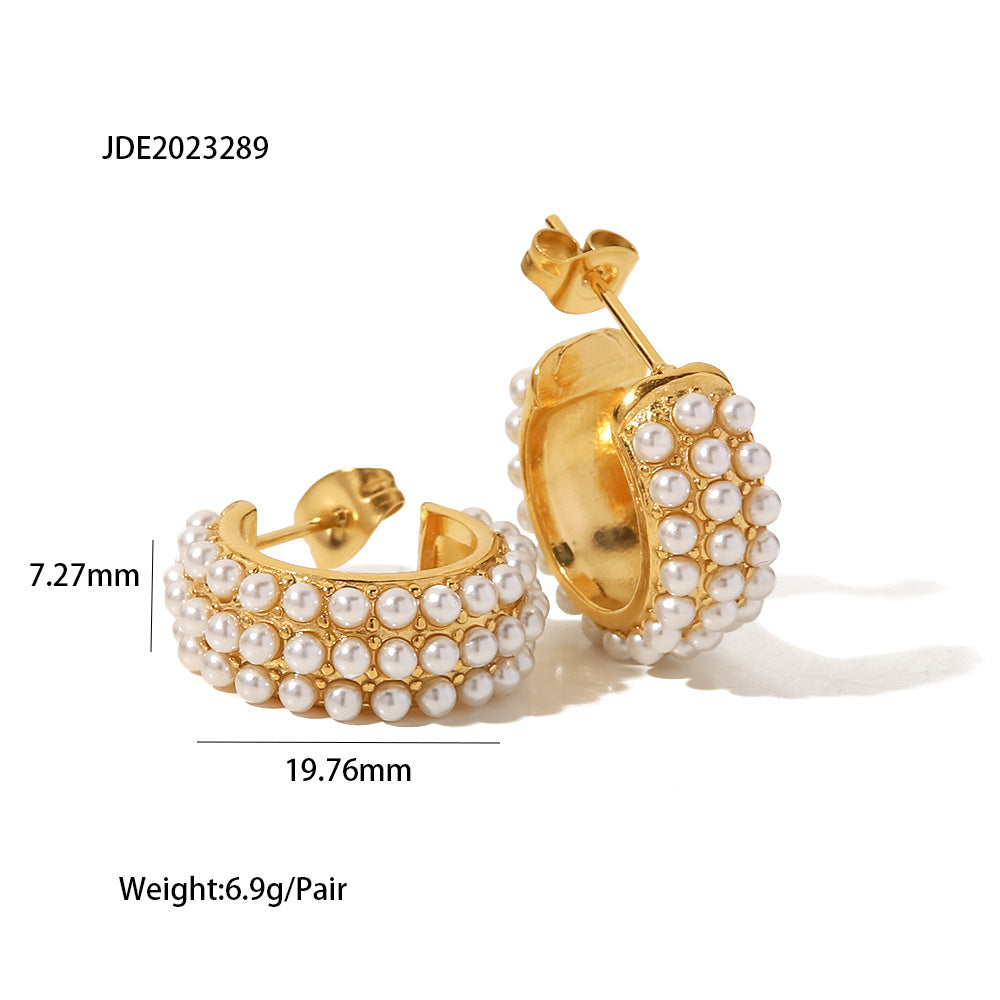Gold Plated Pearl-Look Beaded Stainless Steel Hoop Earrings – product view 5