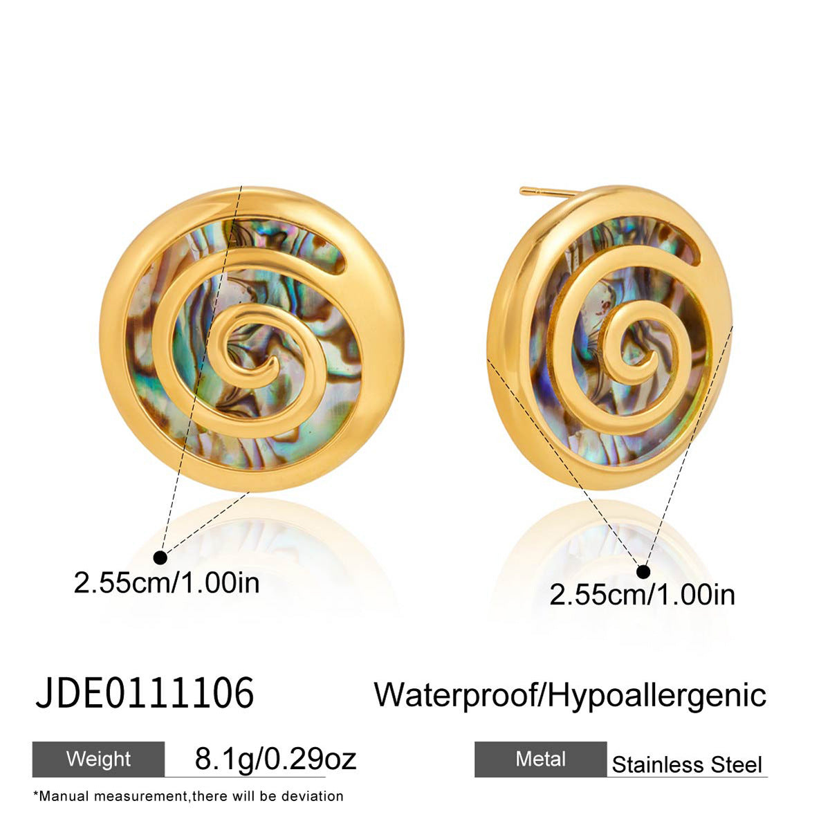 Spiral abalone studs with dimensions