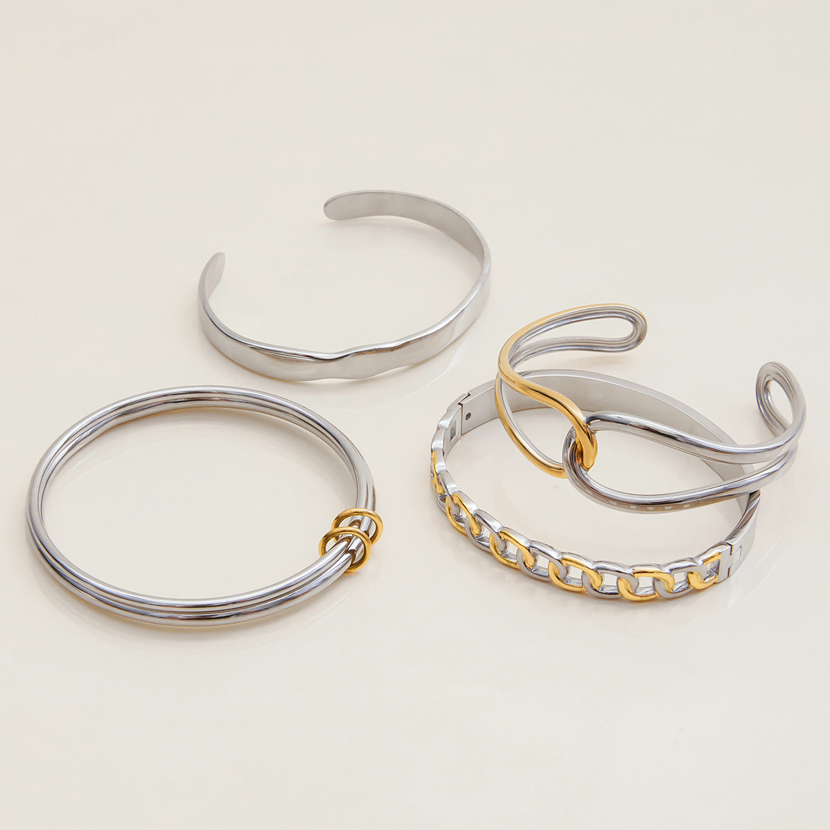 Two-Tone Stainless Steel Open Cuff Bracelet Collection — detail view